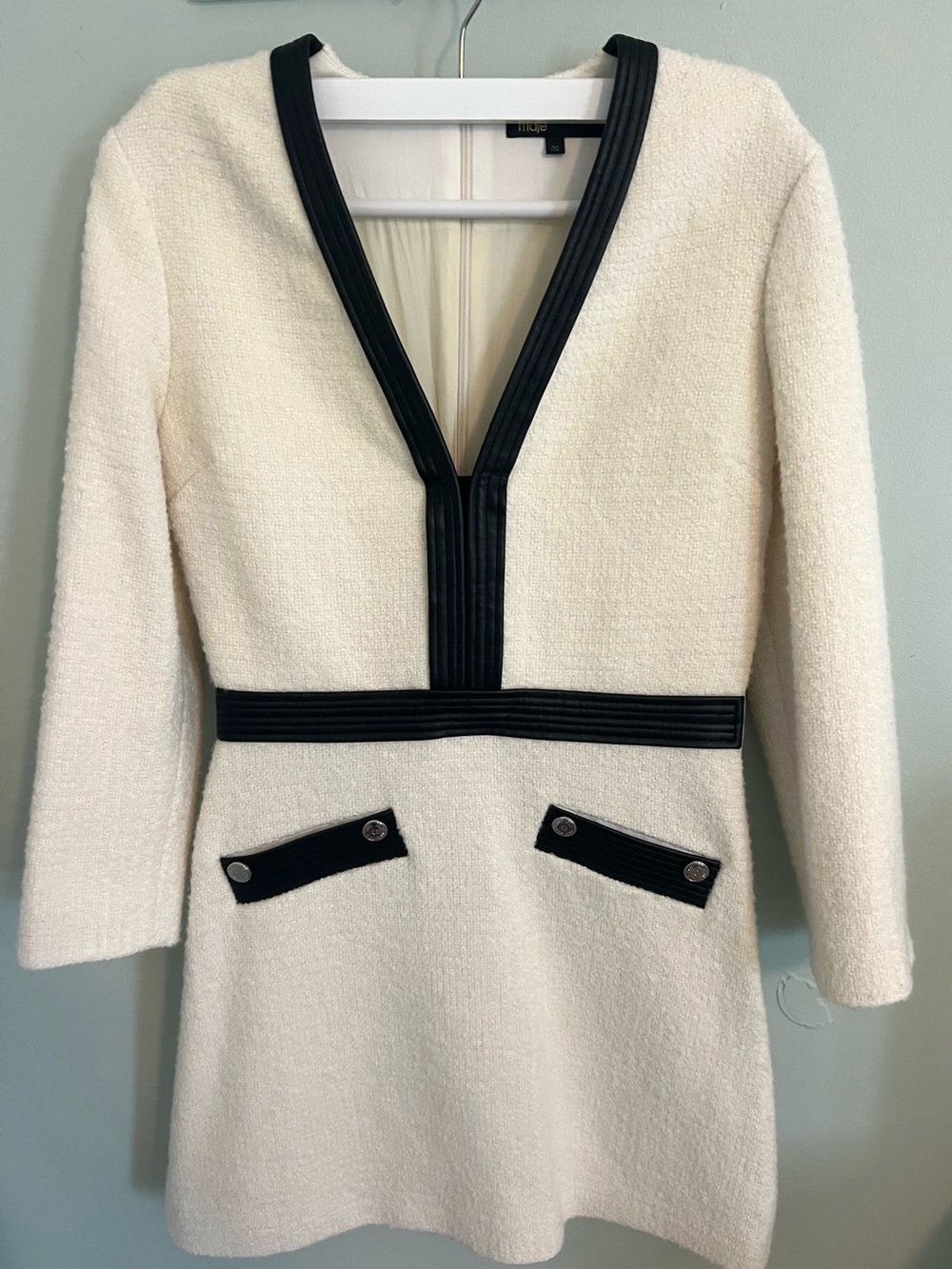 Maje Remma Faux Leather Trimmed Tweed Dress | Size 36 | US Size 4, Small